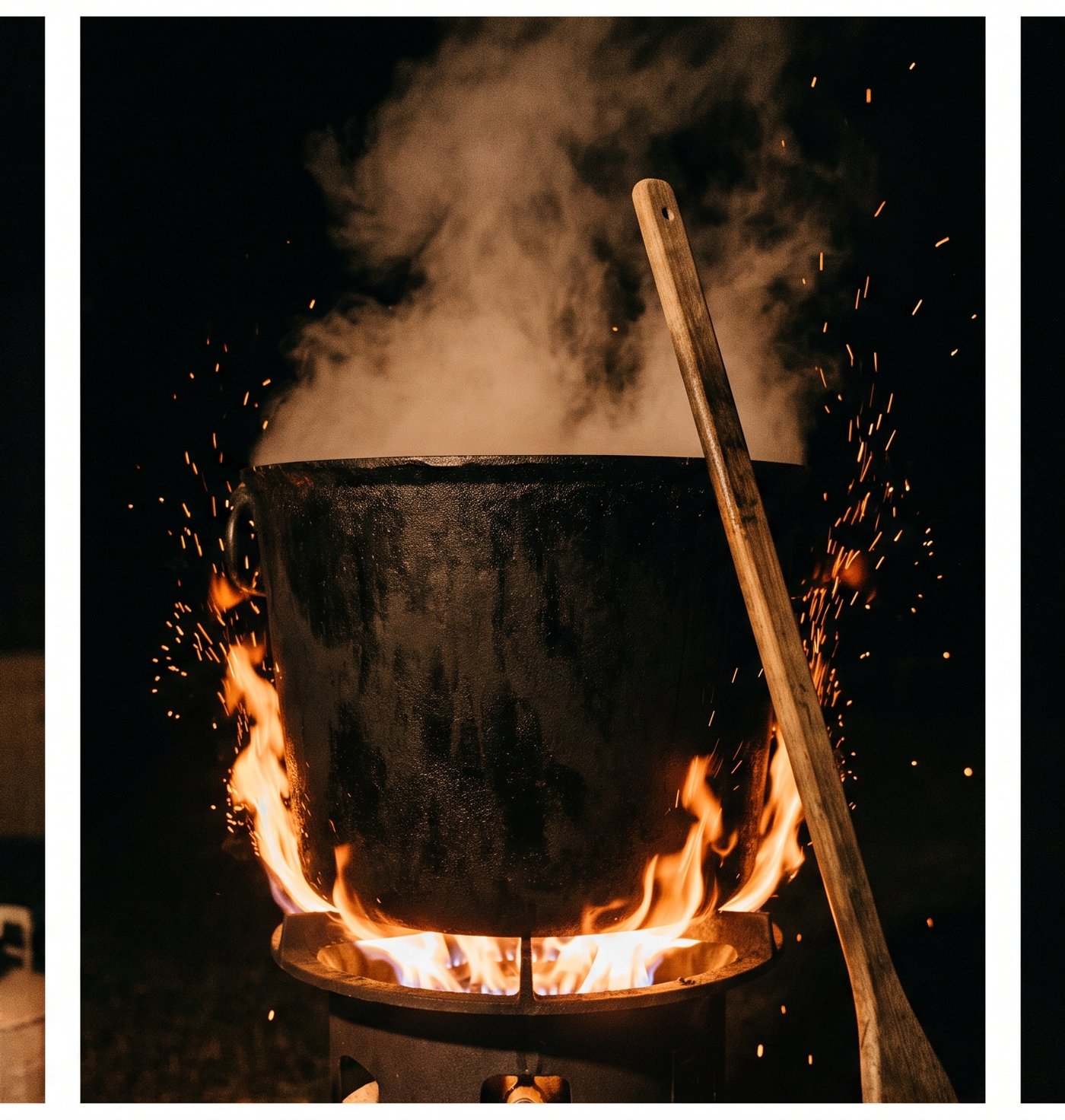 The pot on the fire at night